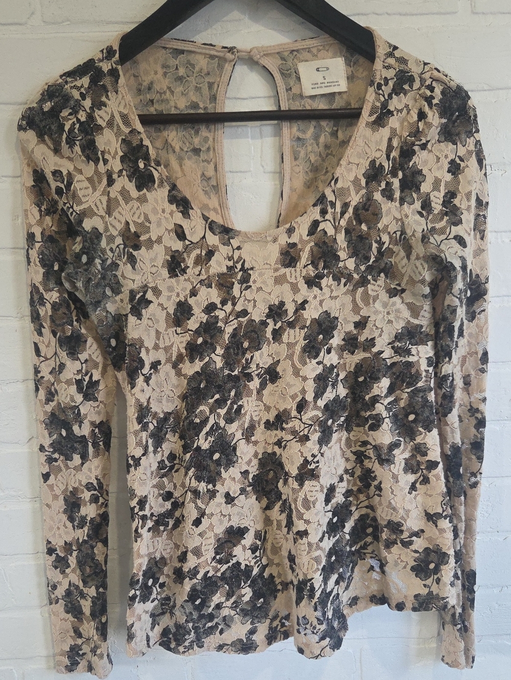 Pins & Needles Beige Lace Long-Sleeve Top with Black Floral Overlay